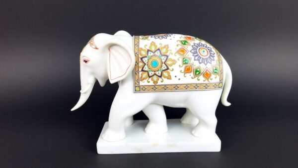 White Marble Elephant Figurine Inlaid with Gemstones - Image 4