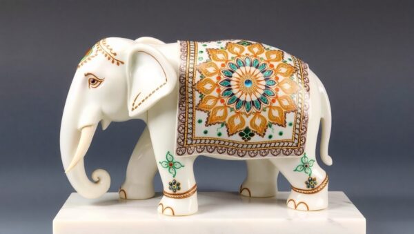 White Marble Elephant Figurine Inlaid with Gemstones - Image 3