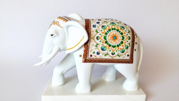 White Marble Elephant Figurine Inlaid with Gemstones