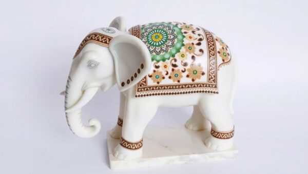 White Marble Elephant Figurine Inlaid with Gemstones - Image 5