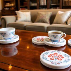 White Marble Coaster Set with Inlay Work