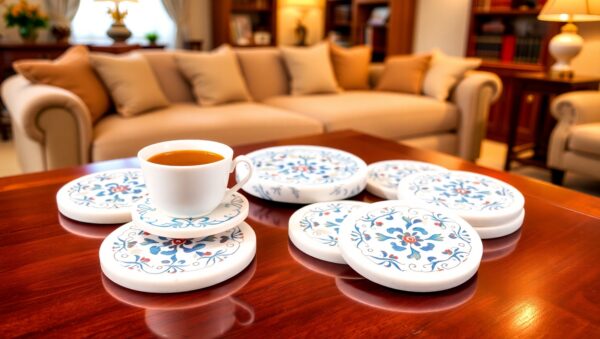 White Marble Coaster Set with Inlay Work