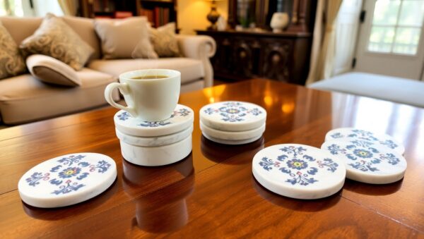 White Marble Coaster Set with Inlay Work