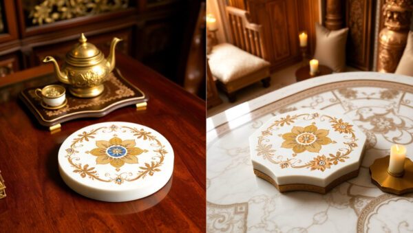 White Marble Coaster Set with Mother of Pearl Inlay