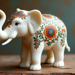 White Marble Elephant Figurine Inlaid with Gemstones