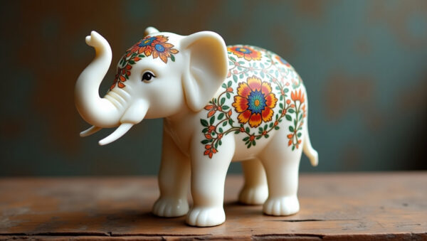 White Marble Elephant Figurine Inlaid with Gemstones