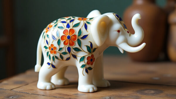 White Marble Elephant Figurine Inlaid with Gemstones