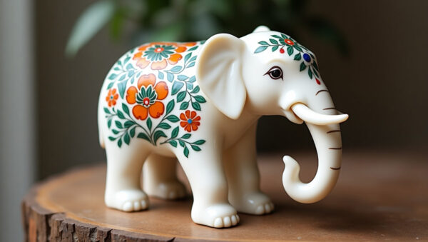 White Marble Elephant Figurine Inlaid with Gemstones