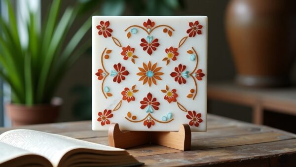 White Marble Plate Inlaid with Gemstones - Image 5