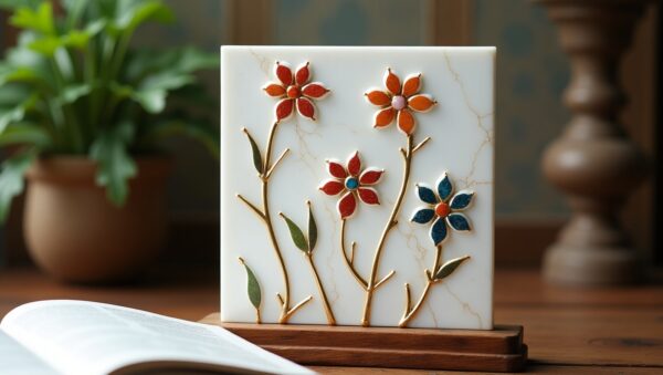 White Marble Plate Inlaid with Gemstones - Image 4