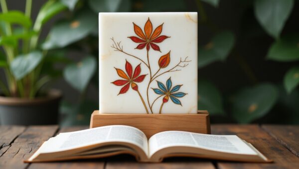 White Marble Plate Inlaid with Gemstones - Image 3