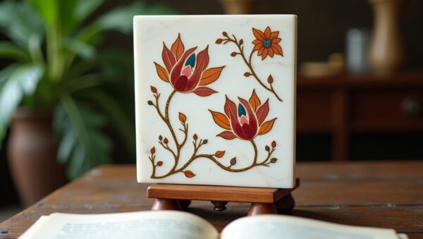 White Marble Plate Inlaid with Gemstones